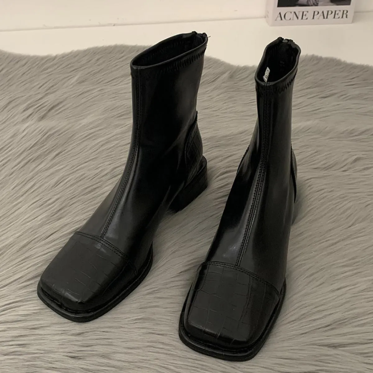 2023 Donne Alla Caviglia Grosso Chelsea Stivali Tacchi Medi Scarpe Invernali Nuova Tendenza Stivali Da Moto Punta Quadrata Goth
