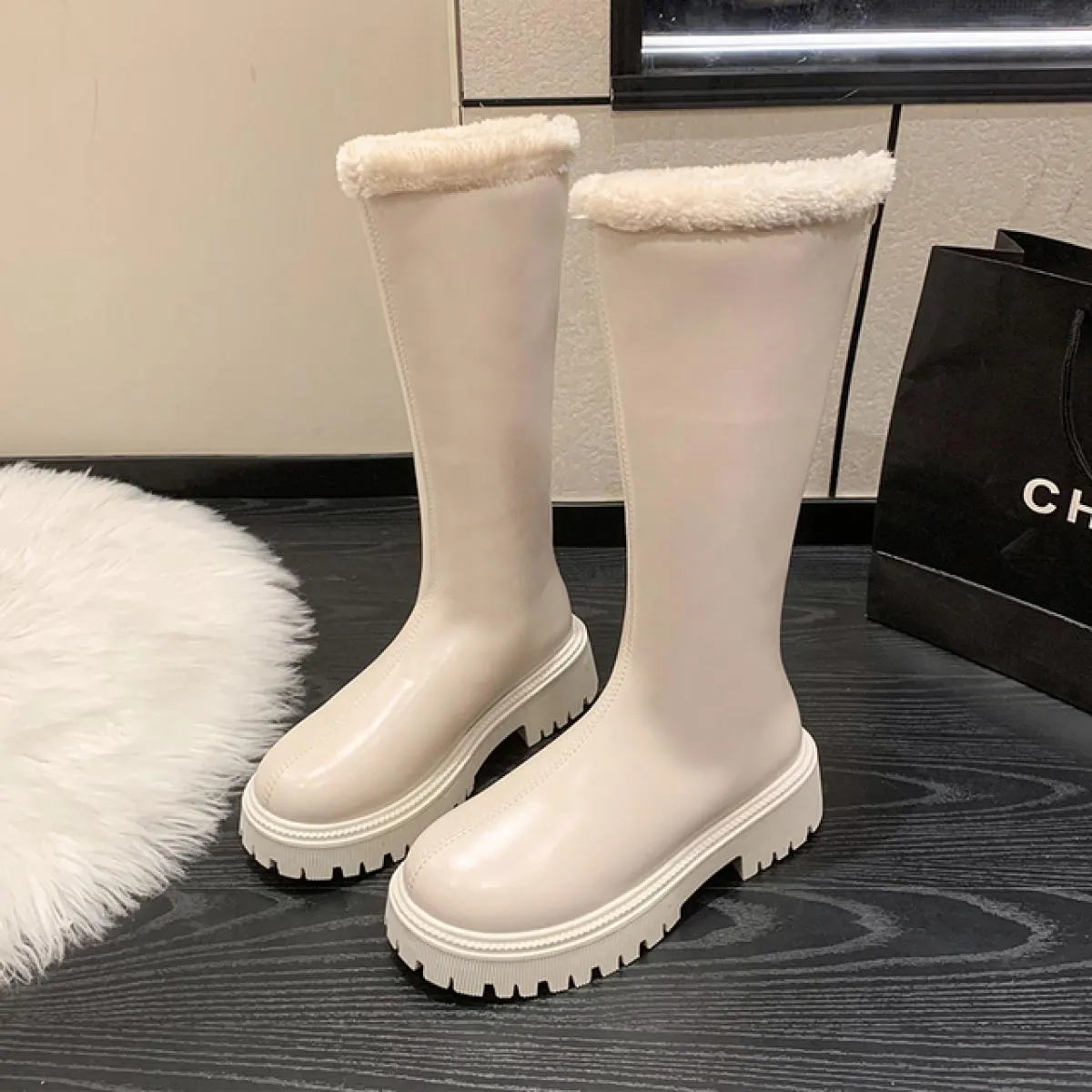 2023 inverno donna piattaforma scarpe alte al ginocchio tacco medio stivali Chelsea corti in peluche nuovo vestito stivali firma