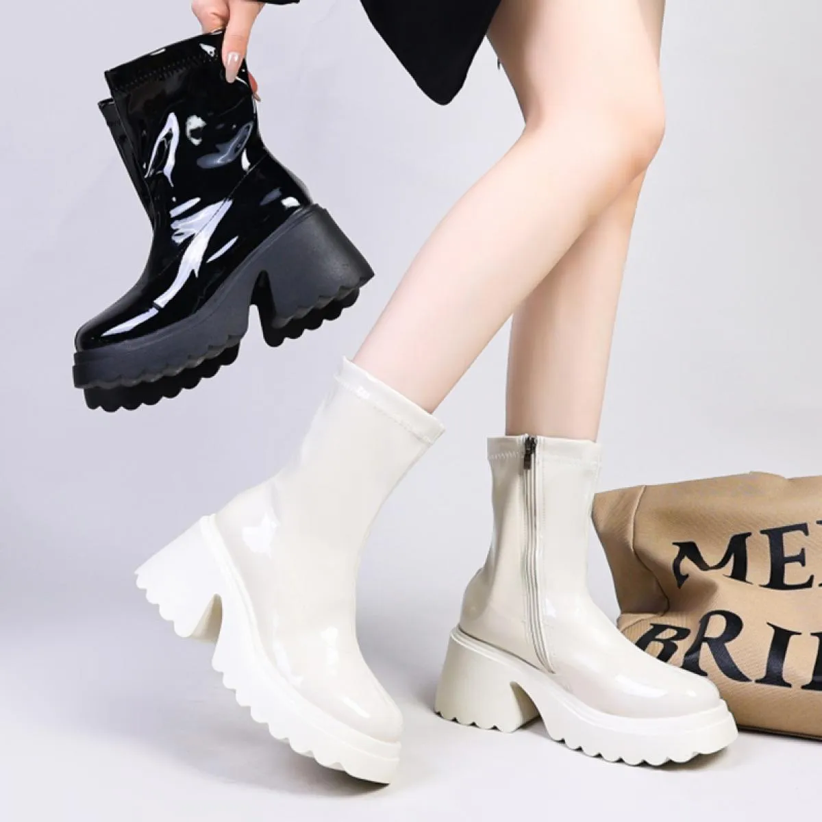 2023 nuovo inverno ginocchio alto tacco medio stivali Chelsea donna scarpe casual con plateau stivali eleganti cerniera donna mo