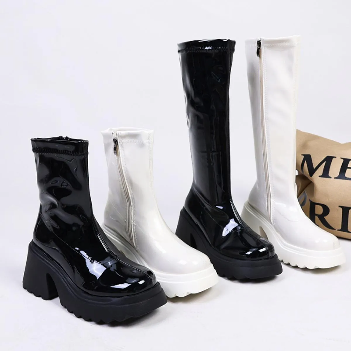2023 nuovo inverno ginocchio alto tacco medio stivali Chelsea donna scarpe casual con plateau stivali eleganti cerniera donna mo