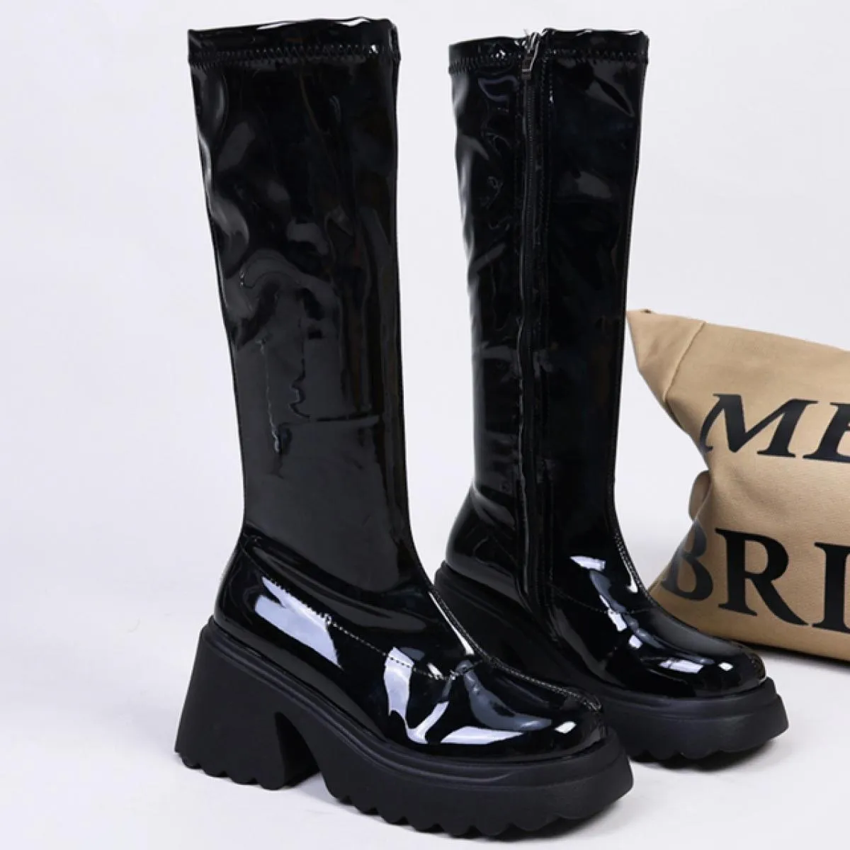 2023 nuovo inverno ginocchio alto tacco medio stivali Chelsea donna scarpe casual con plateau stivali eleganti cerniera donna mo