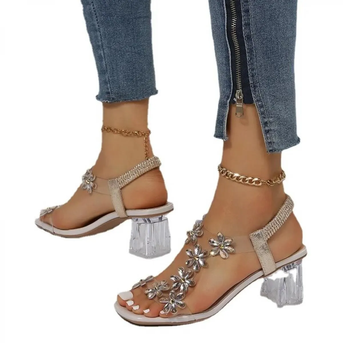 2023 sandali da donna nuovi estivi sandali con fiori di cristallo in PVC per donna sandali con fascia con tacco grosso scarpe el