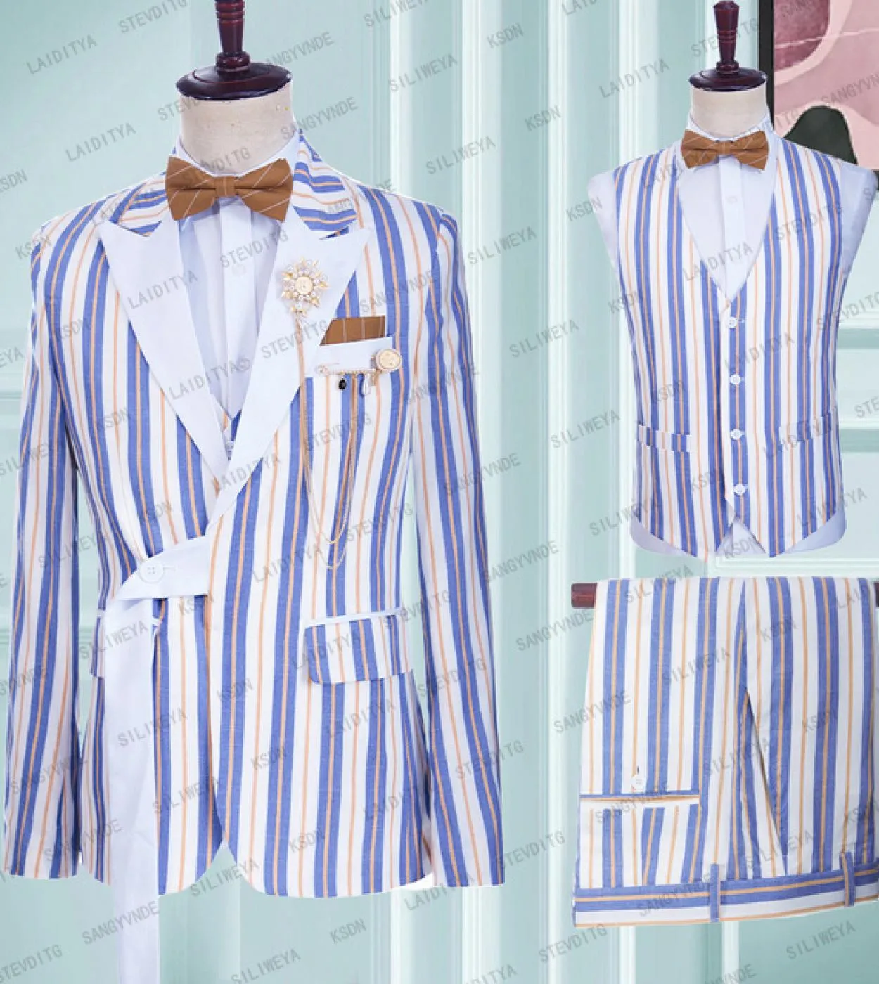 2023summer Navy Blue Stripe Lino Casual Fit Uomo Abiti con cintura Bianco Picco risvolto Comodo cappotto traspirante Gilet Panta