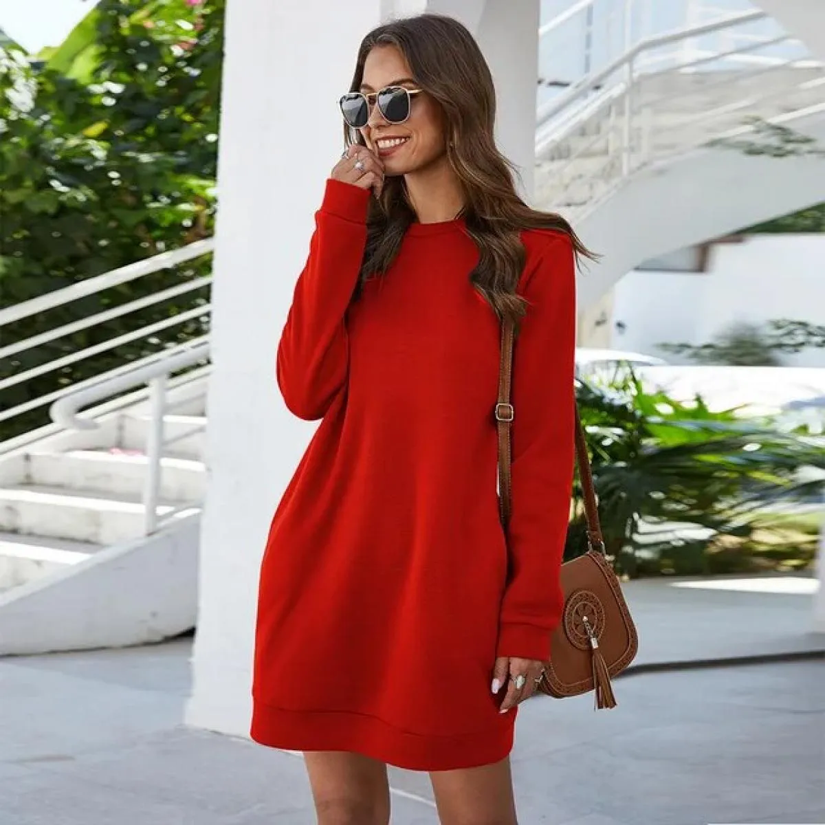 Abito per il tempo libero da donna a maniche lunghe con scollo a O autunno inverno 2022 mini abiti da donna con tasche larghe gr