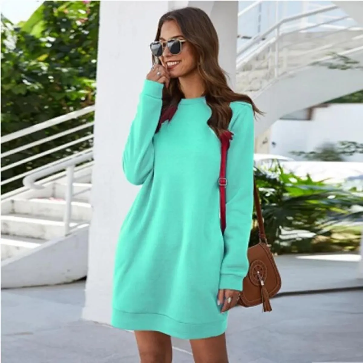 Abito per il tempo libero da donna a maniche lunghe con scollo a O autunno inverno 2022 mini abiti da donna con tasche larghe gr