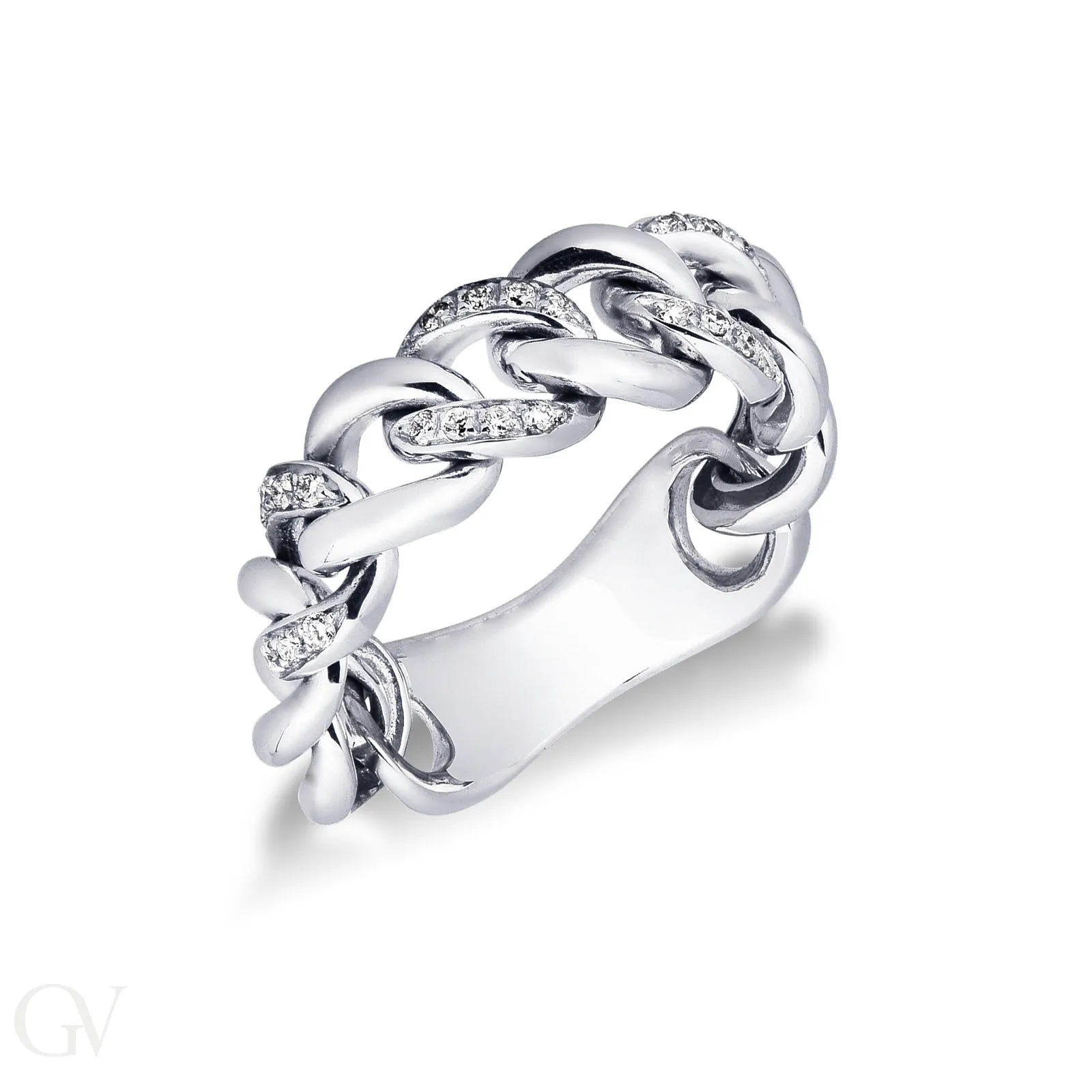 Anello maglia groumette in Oro bianco 18k con 3 maglie incastonate di diamanti