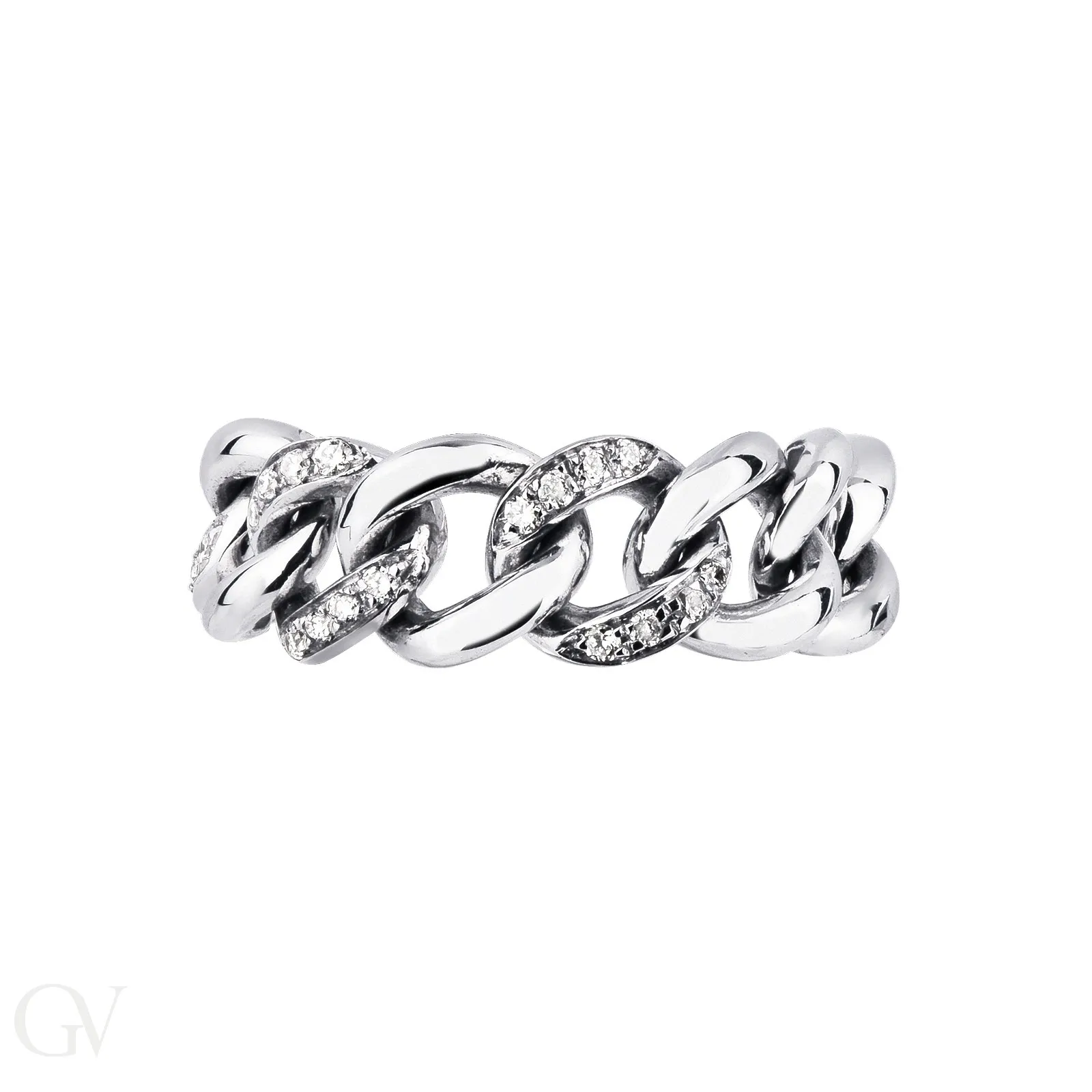 Anello maglia groumette in Oro bianco 18k con 3 maglie incastonate di diamanti