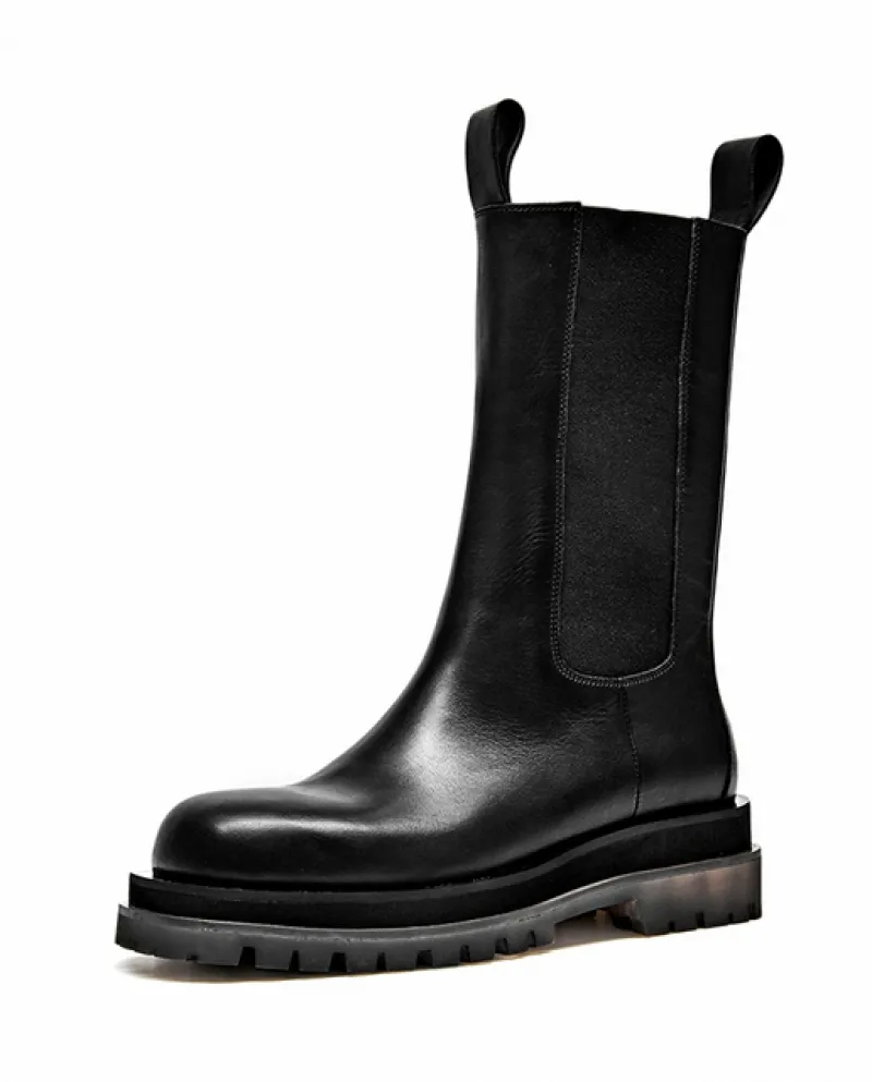 Beautoday Platform Chelsea Boots Donne Pelle di vitello Midcalf Punta Rotonda Suola Trasparente Moda Donna Scarpe Fatte A Mano