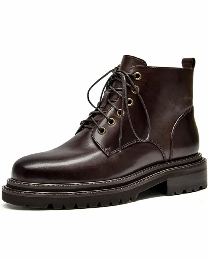 Beautoday Stivaletti da Donna in Vera Pelle di Mucca Punta Rotonda Lace Up Cerniera Doppia Cucitura Autunno Moda Scarpe da Donna