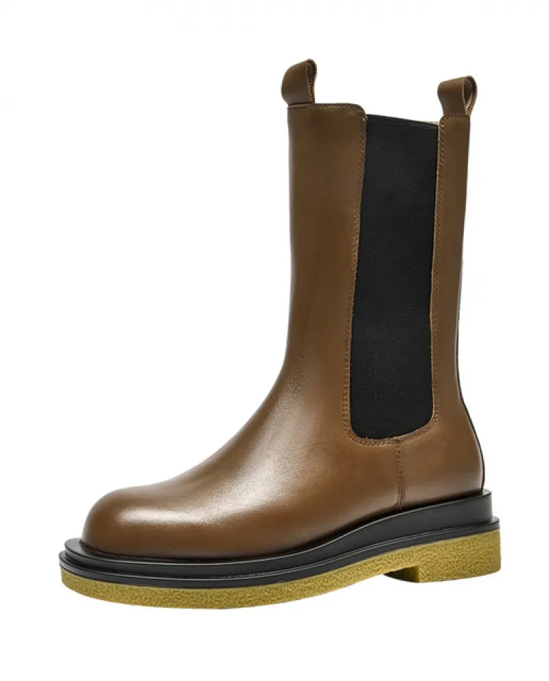 Beautoday Stivali Chelsea Donna Pelle di Mucca Lunghezza al Polpaccio Colori Misti Punta Rotonda Elastico Moda Donna Scarpe Fatt