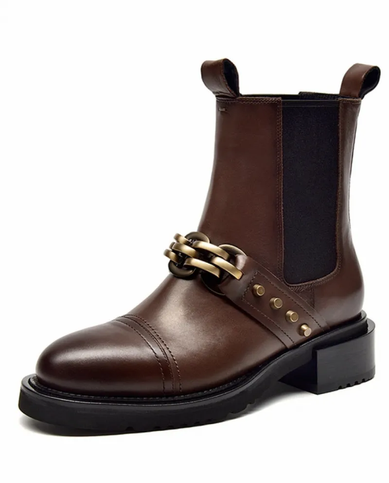 Beautoday Stivali Chelsea Donna Pelle di Vitello Pelle Catena di Metallo Rivetto Decor Fascia Elastica Alla Caviglia Scarpe Femm