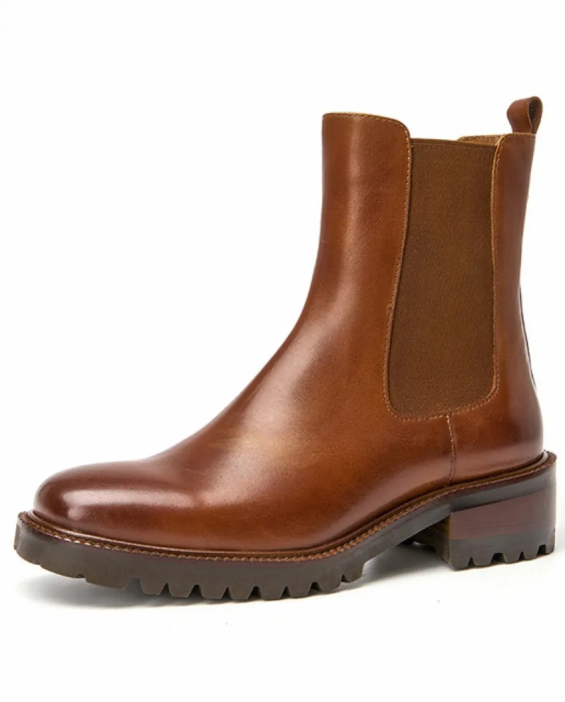 Beautoday Stivali Chelsea Donna Vera Pelle di Mucca Ceratura Punta Quadrata Fascia Elastica Autunno Signore Scarpe Tacco Block F