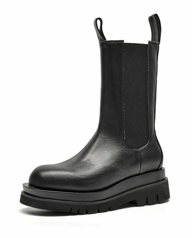 Beautoday Stivali Chelsea Donna Vera Pelle di Mucca Piattaforma Punta Rotonda Lunghezza a Metà Polpaccio Scarpe da Donna Autunno