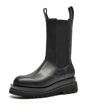 Beautoday Stivali Chelsea Donna Vera Pelle di Mucca Piattaforma Punta Rotonda Lunghezza a Metà Polpaccio Scarpe da Donna Autunno