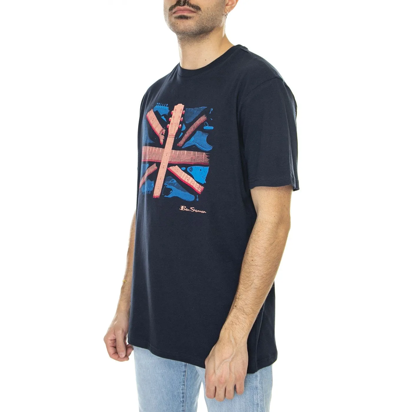 Ben Sherman Smashed Guitar Union Jack Tee Dark Navy - Maglietta Girocollo Uomo Blu    
