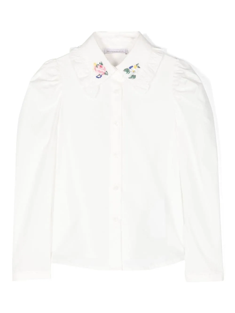 Camicia con ricami floreali per bambina Monnalisa bianca con orlo curvo