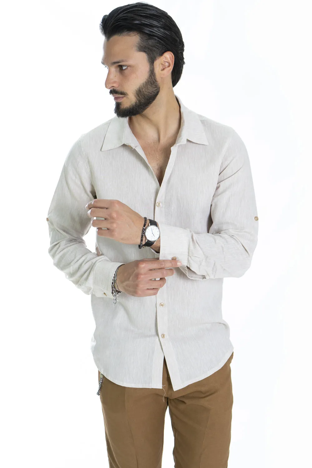 Camicia Uomo Con Colletto In Lino Tinta Unita Art. Cm175