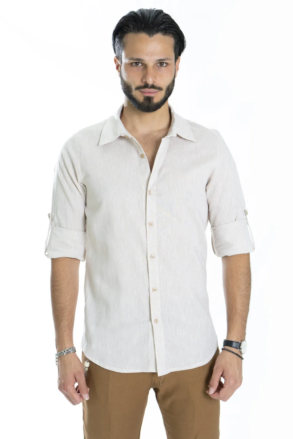 Camicia Uomo Con Colletto In Lino Tinta Unita Art. Cm175