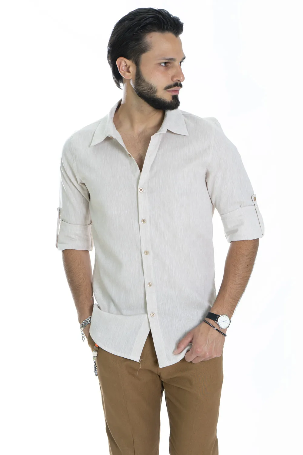 Camicia Uomo Con Colletto In Lino Tinta Unita Art. Cm175