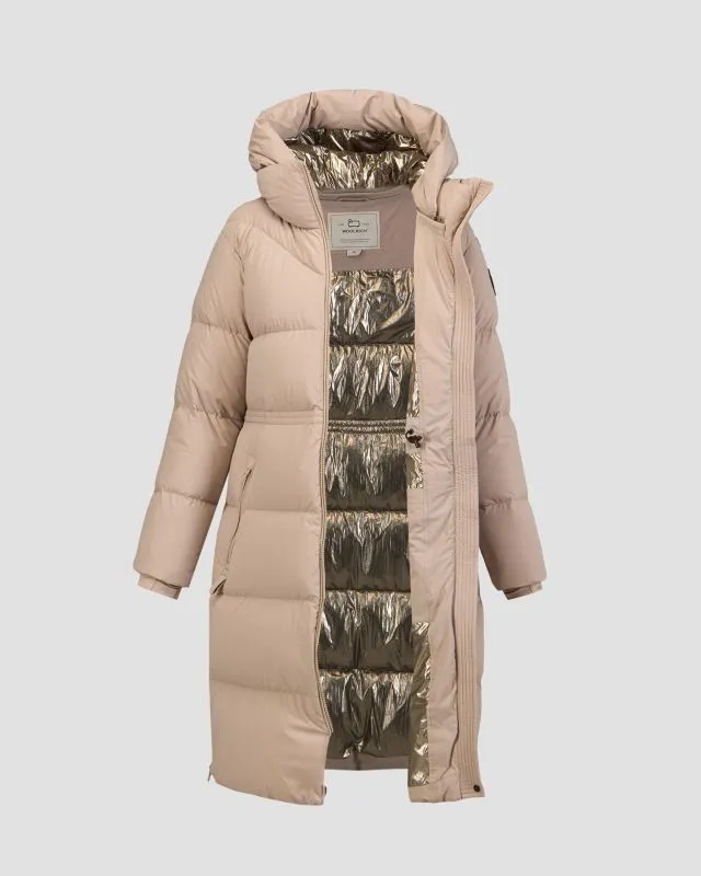 Cappotto beige con piumino da donna Woolrich Matt Stretch Long Puffer Parka