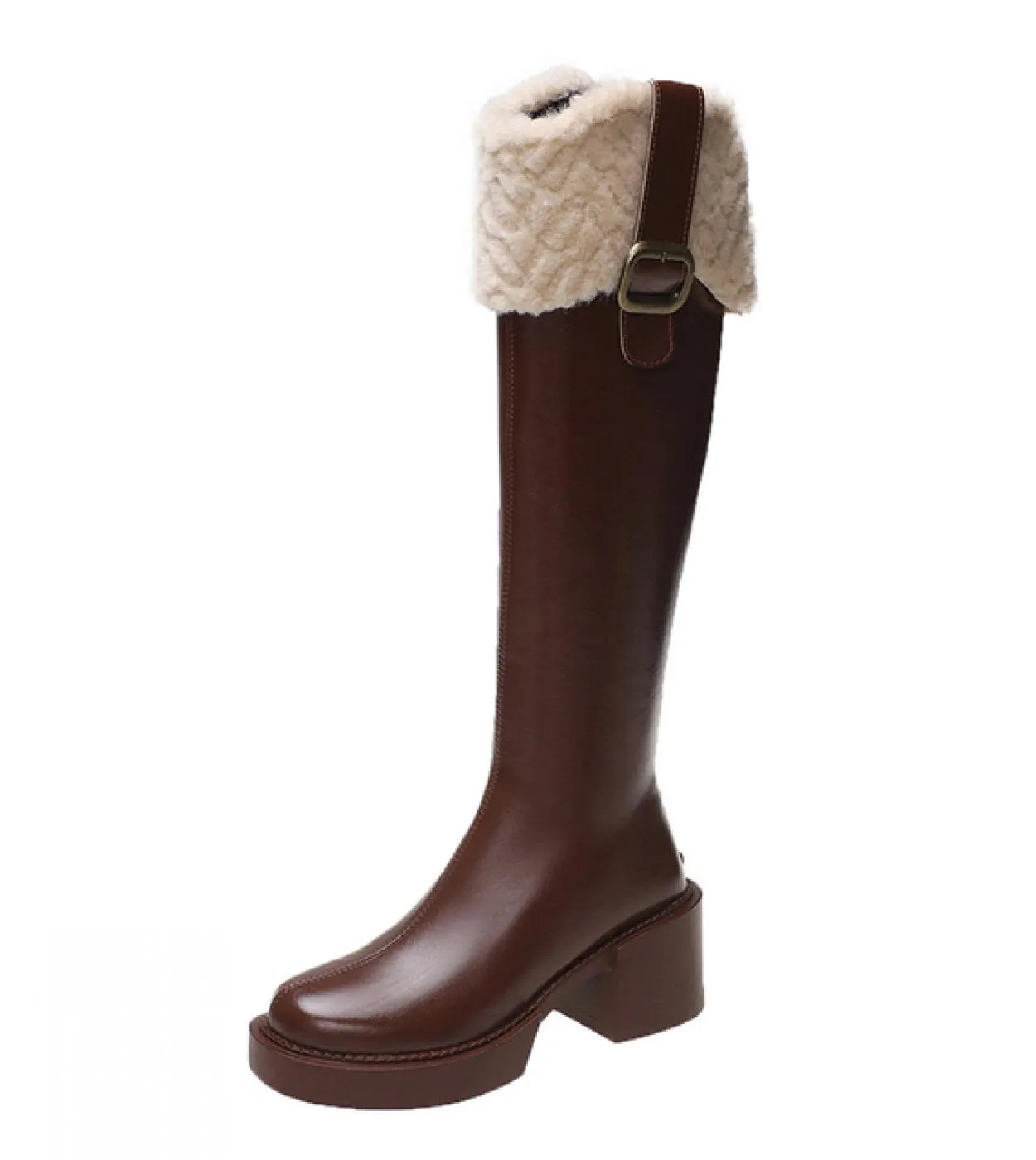Comemore Women Knee High Chelsea Boots Luxury Winter New Furry Casual Shoes Female Square High Heels Zippers Shoes Ladie
