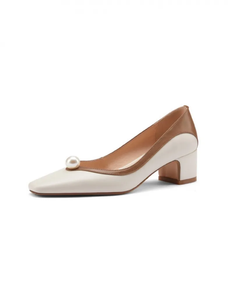 Donna Tacchi Alti Francese Punta Quadrata Tacco Grosso Scarpe Tacco Quadrato Superficiale Mary Jane Design Perla Intarsiato Tacc