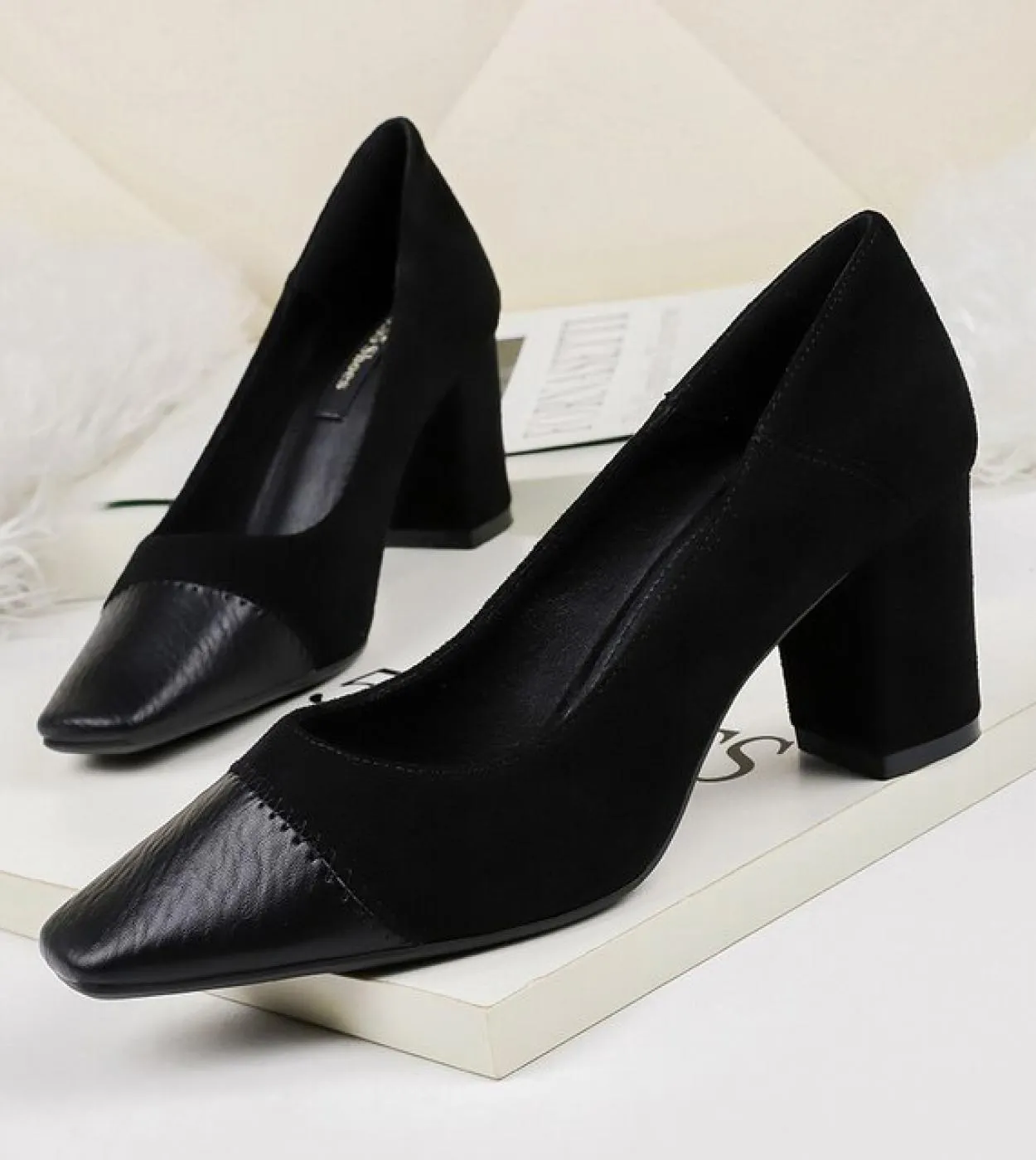 Décolleté con punta quadrata da donna 7cm Scarpe con tacco grosso Patchwork Slip On Sandali Scivoli poco profondi Casual Zapatos