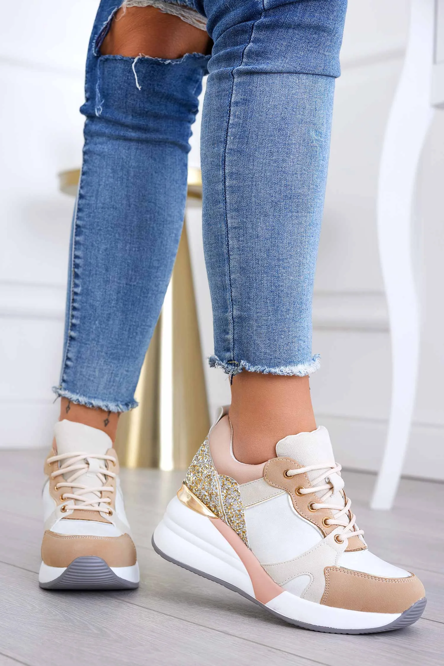 HILDA - Sneakers beige con retro glitter