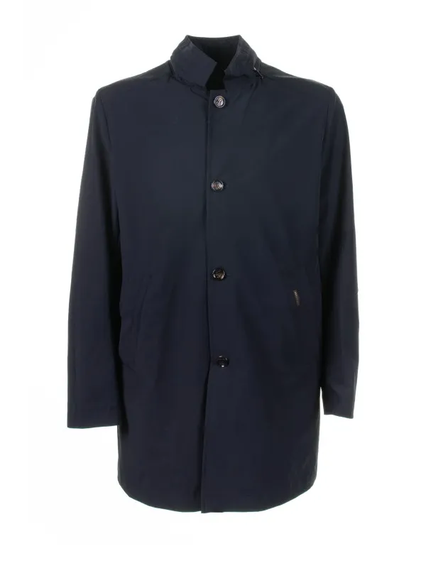 Long navy blue trench coat with buttons