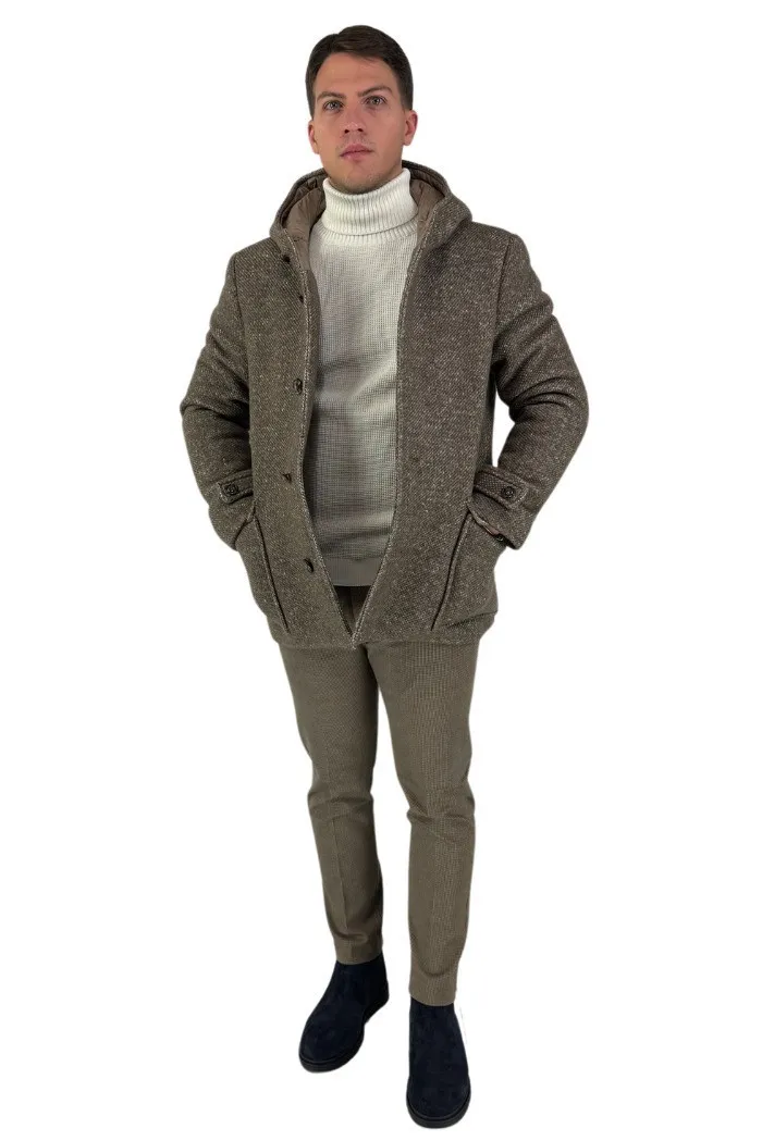 Luca Bertelli cappotto monopetto con cappuccio in misto lana e cotone g81505