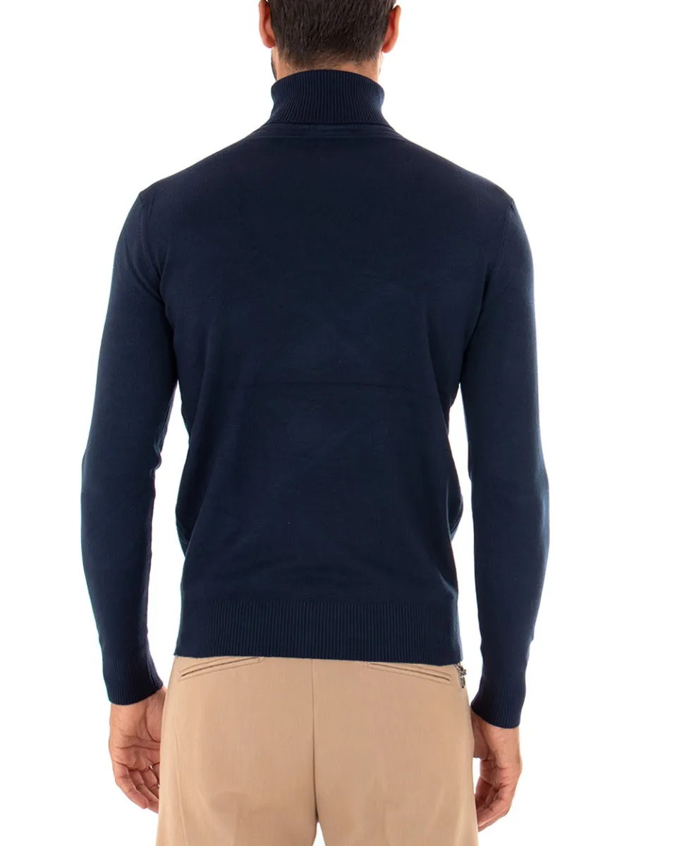Maglioncino Uomo Maglia Maniche Lunghe Collo Alto Elastico Tinta Unita Blu GIOSAL-M2537A