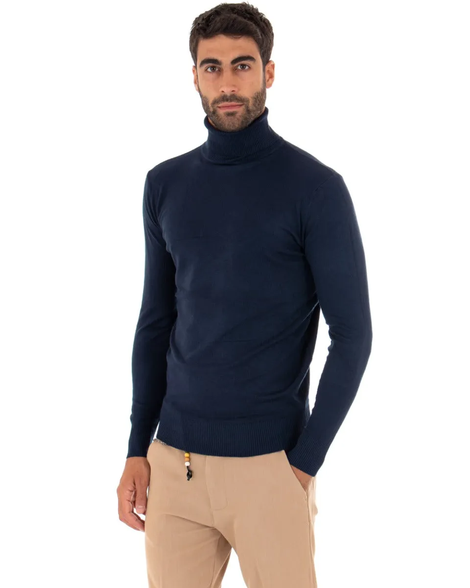Maglioncino Uomo Maglia Maniche Lunghe Collo Alto Elastico Tinta Unita Blu GIOSAL-M2537A