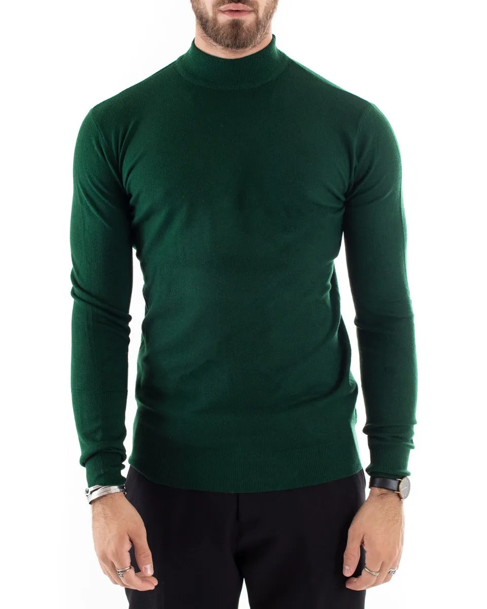 Maglioncino Uomo Maglia Maniche Lunghe Mezzo Collo Elastico Tinta Unita Verde Bottiglia GIOSAL-M2566A