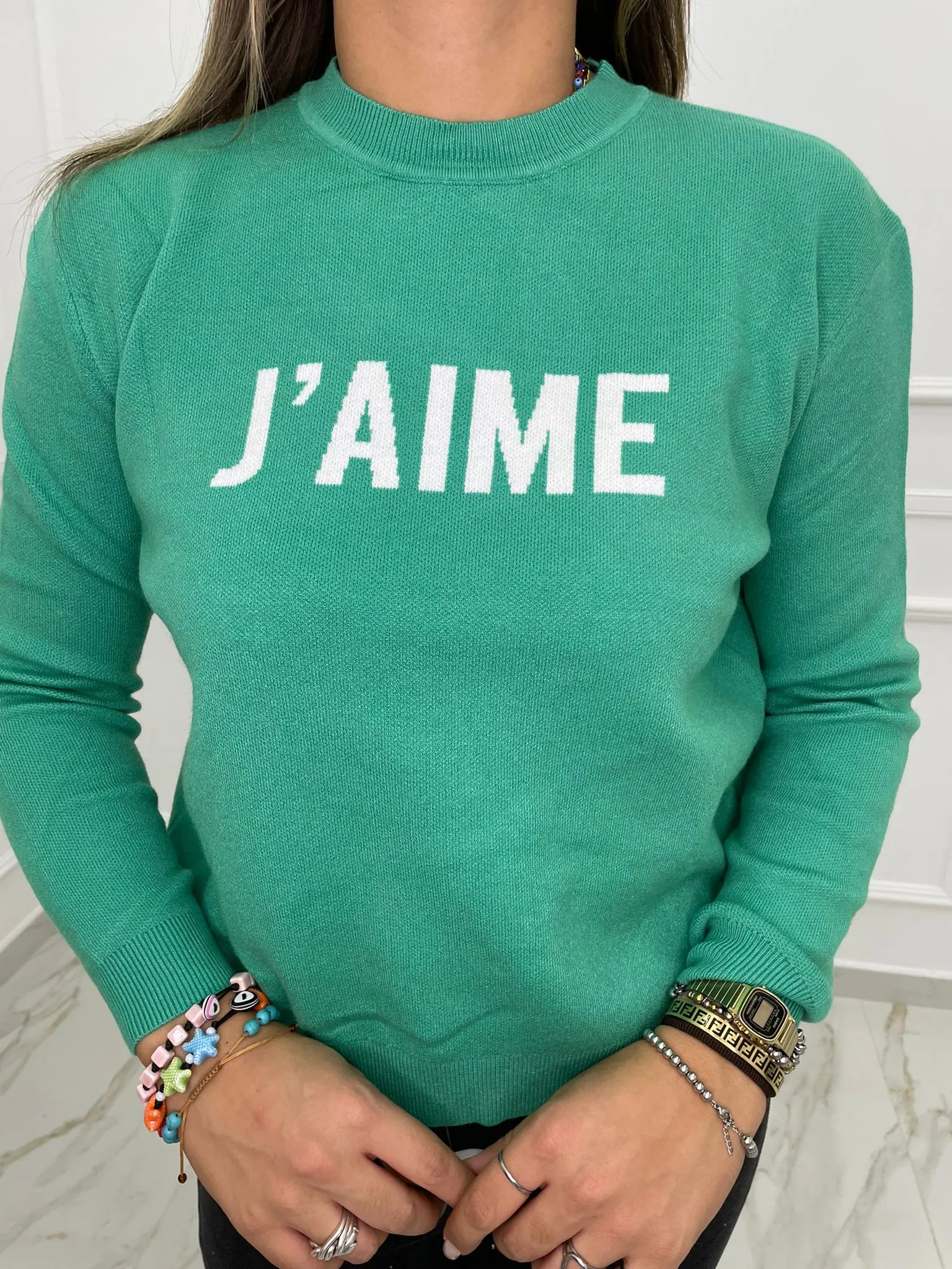 Maglione giro collo con scritta J'aime