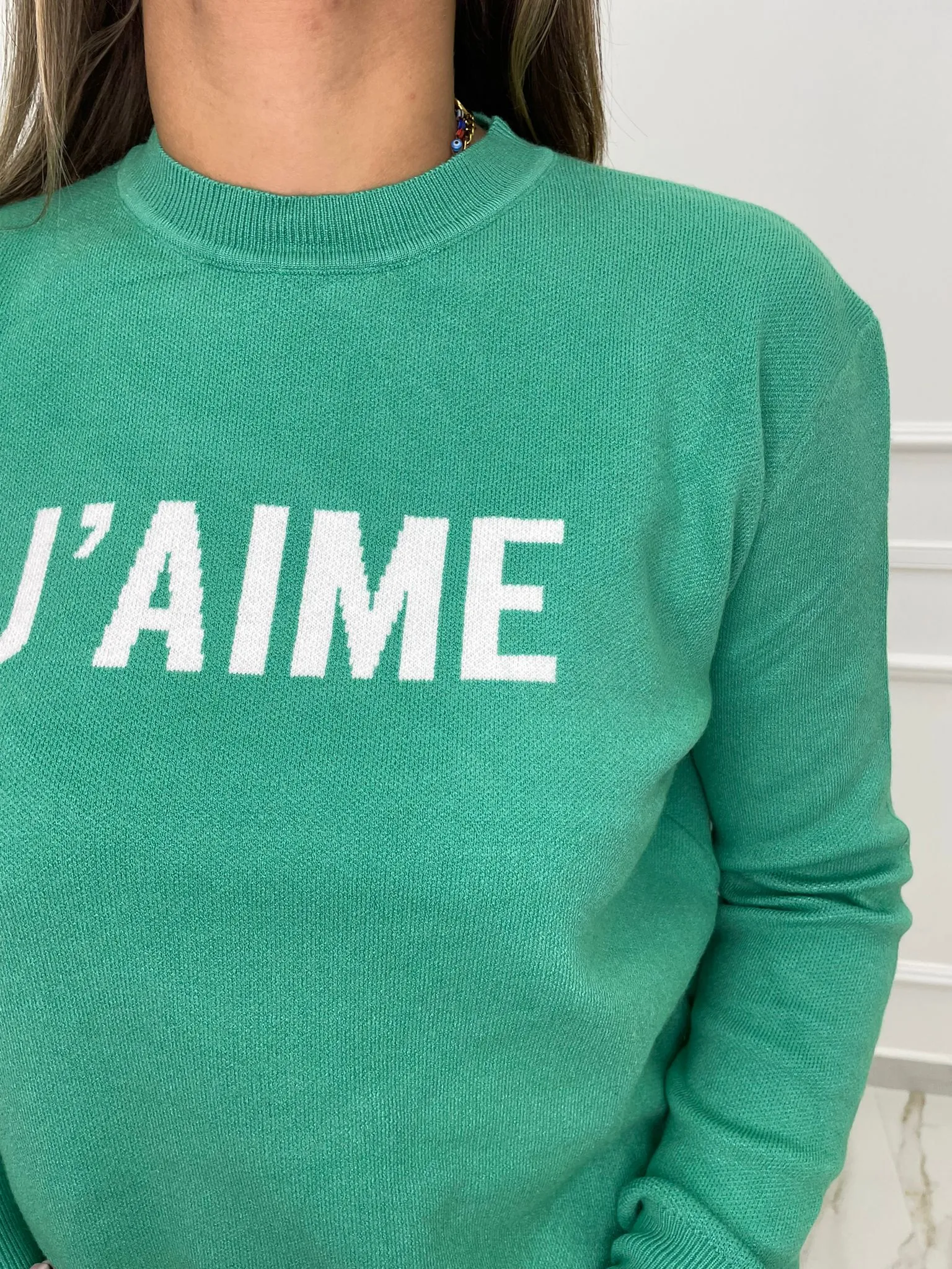 Maglione giro collo con scritta J'aime