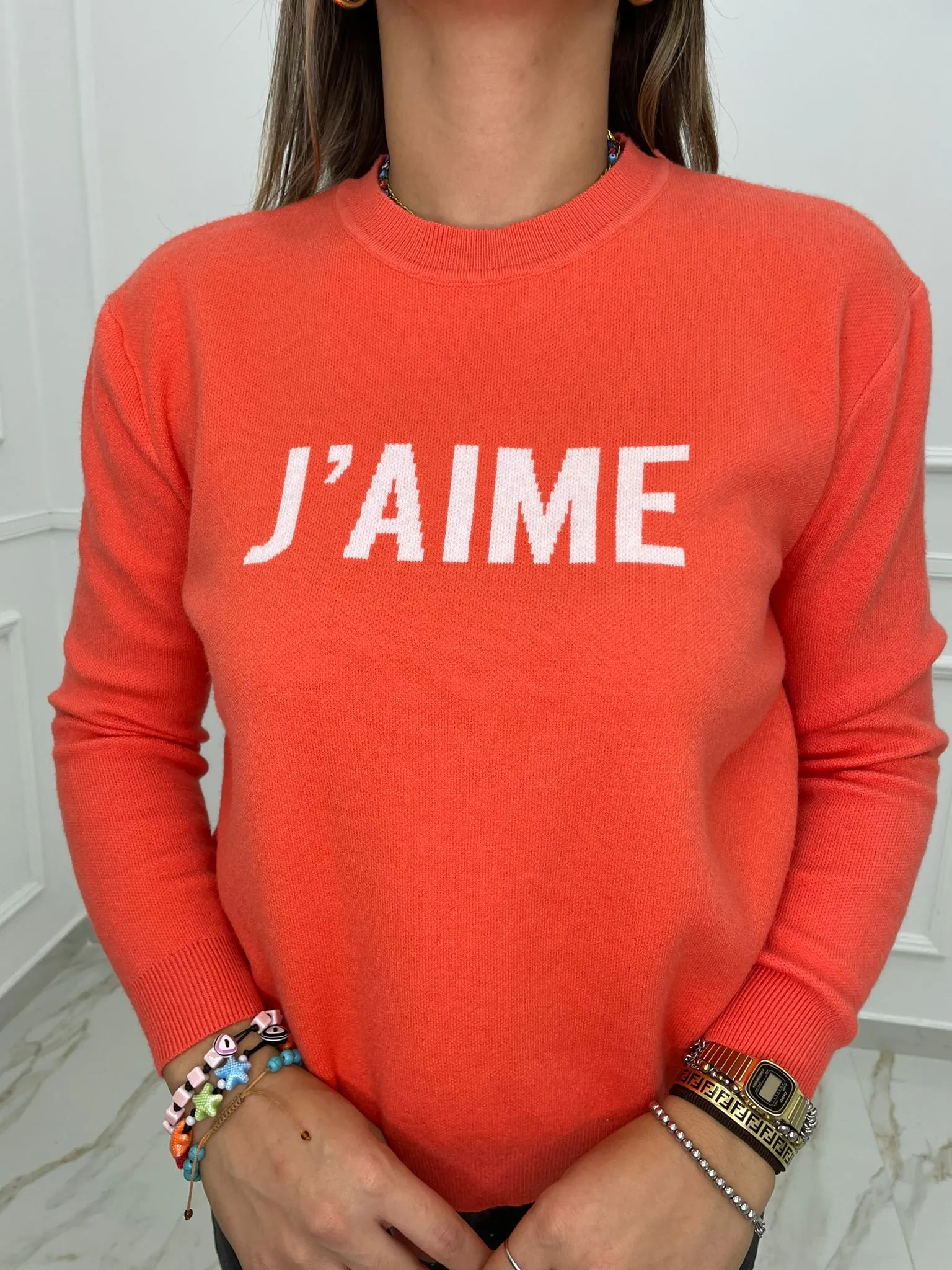 Maglione giro collo con scritta J'aime
