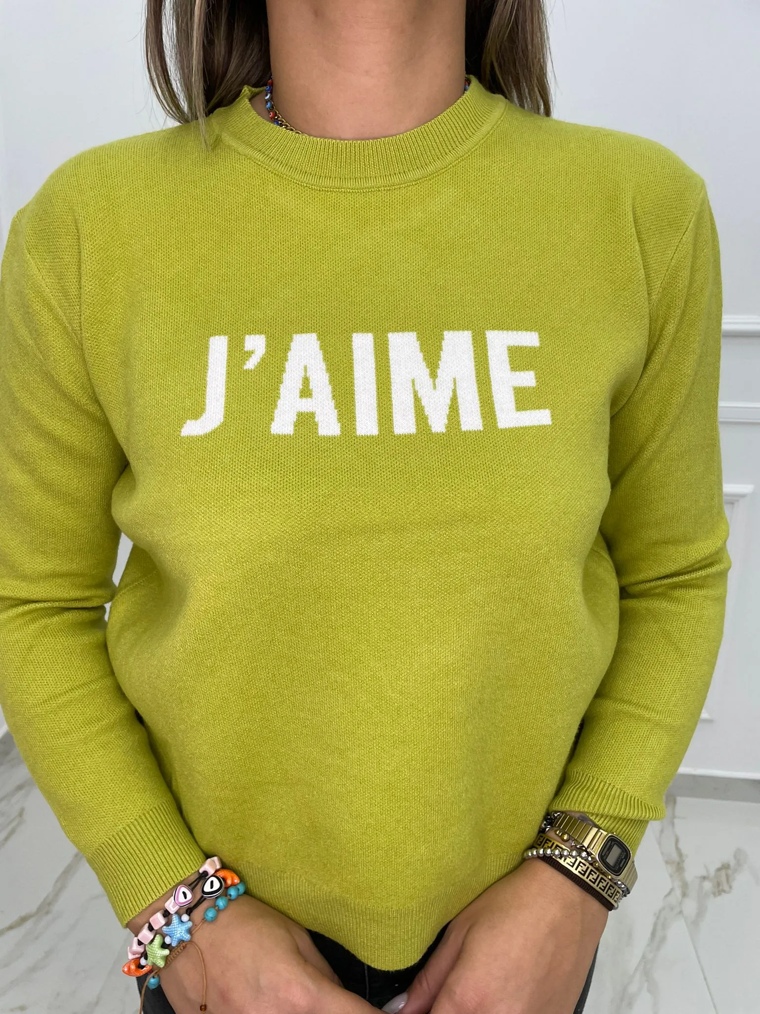Maglione giro collo con scritta J'aime
