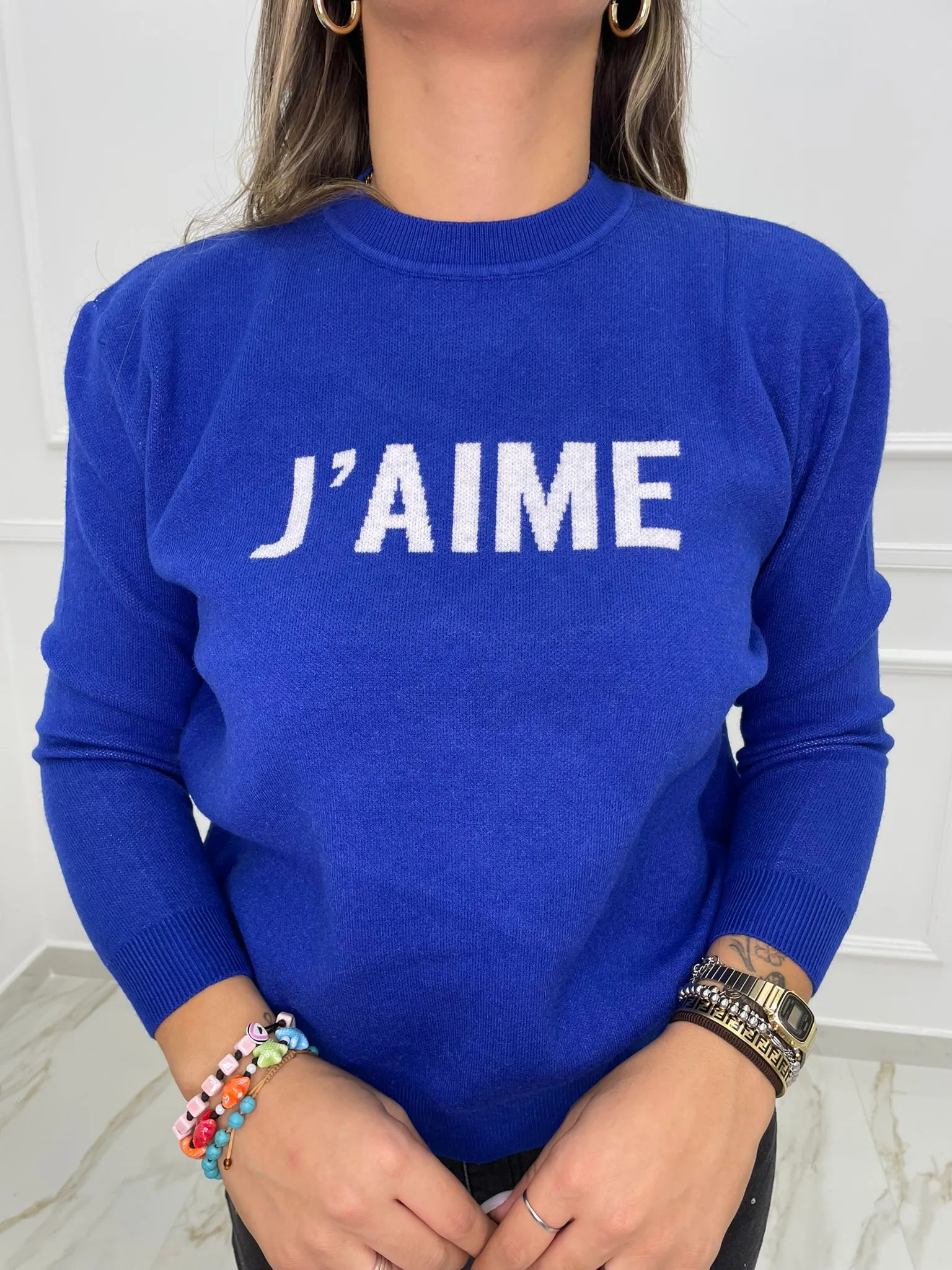 Maglione giro collo con scritta J'aime