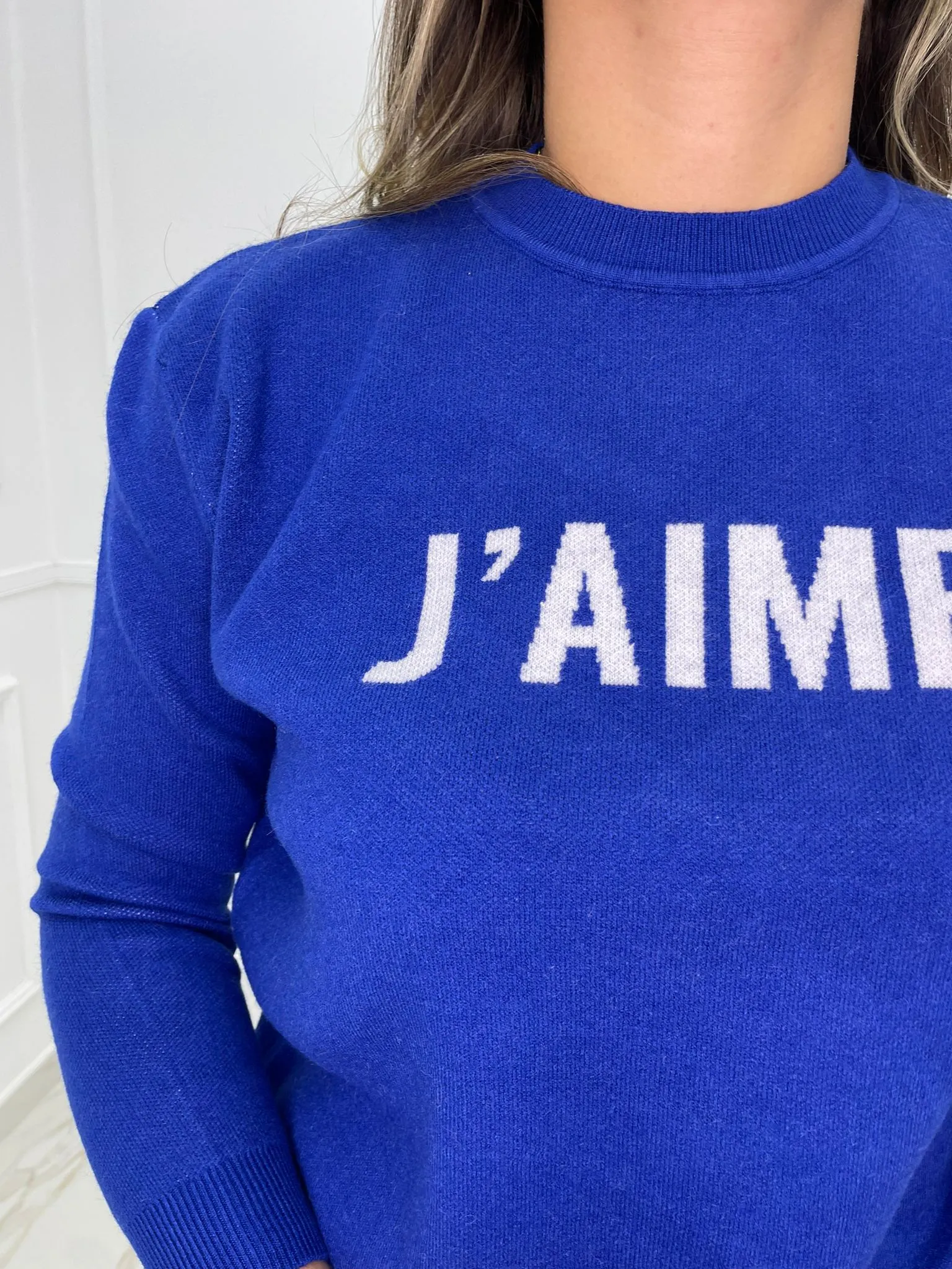 Maglione giro collo con scritta J'aime