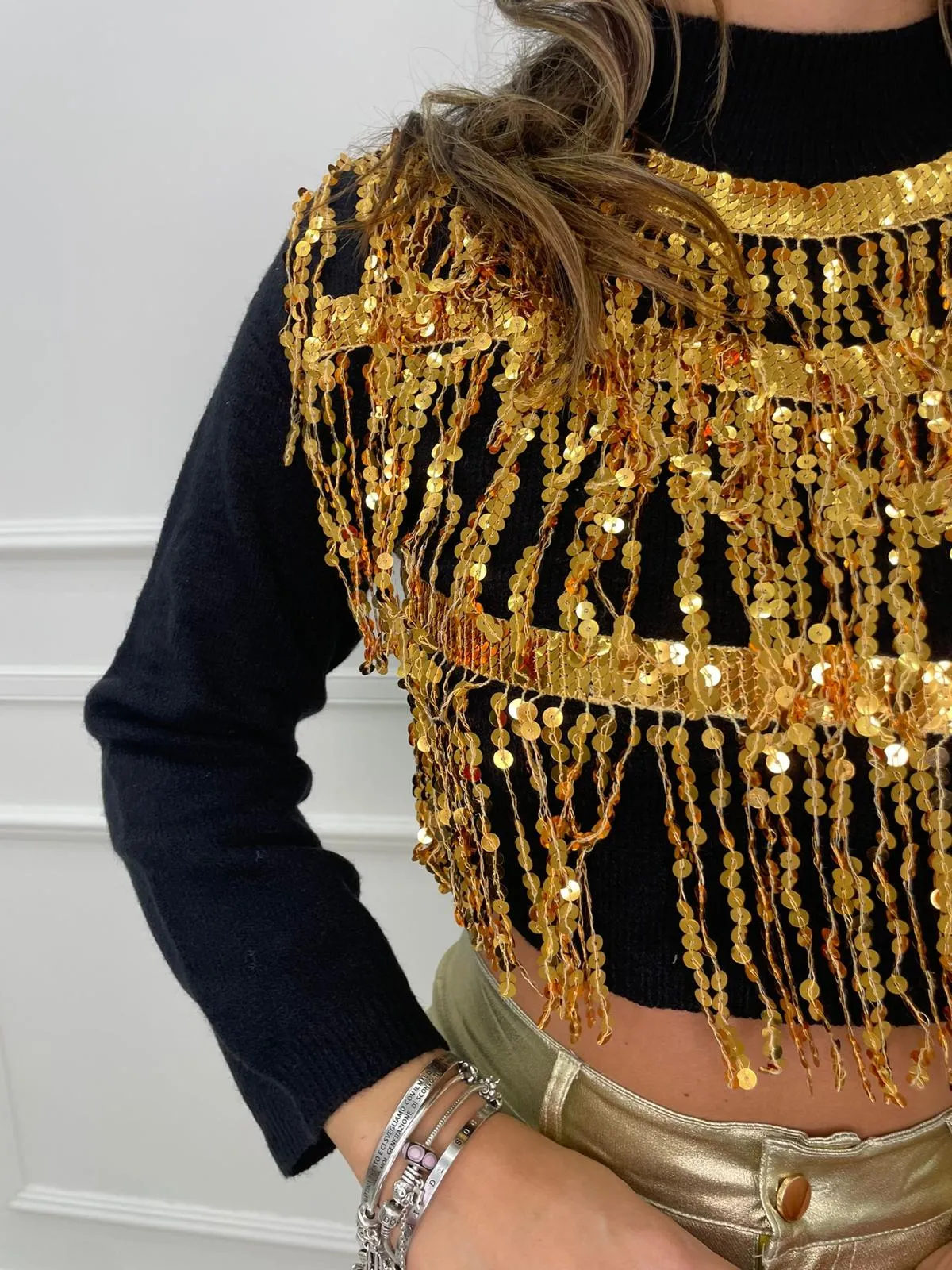 Maglione mezzo collo con cascata di paillettes