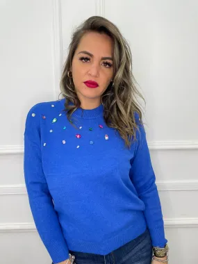 Maglione tinta unita con pietre colorate