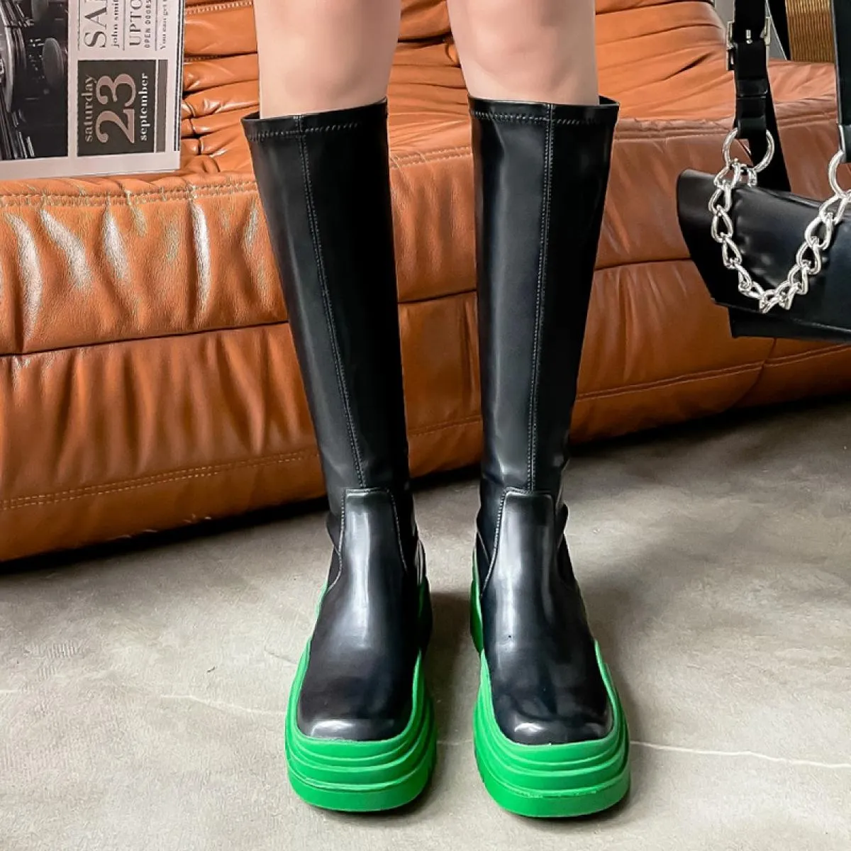 New Fashion Platform Tacco medio Scarpe Goth Donna Stivali Chelsea con cerniera alta al ginocchio 2023 Gladiatore invernale Desi