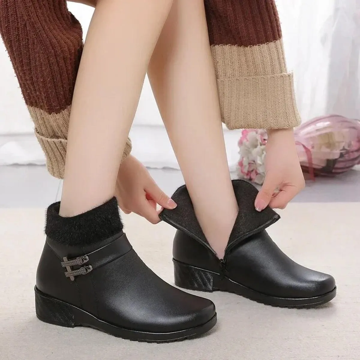Nuove scarpe in morbida pelle madre cotone autunno e inverno stivaletti da donna in cashmere scarpa spessa con tacco basso caldo