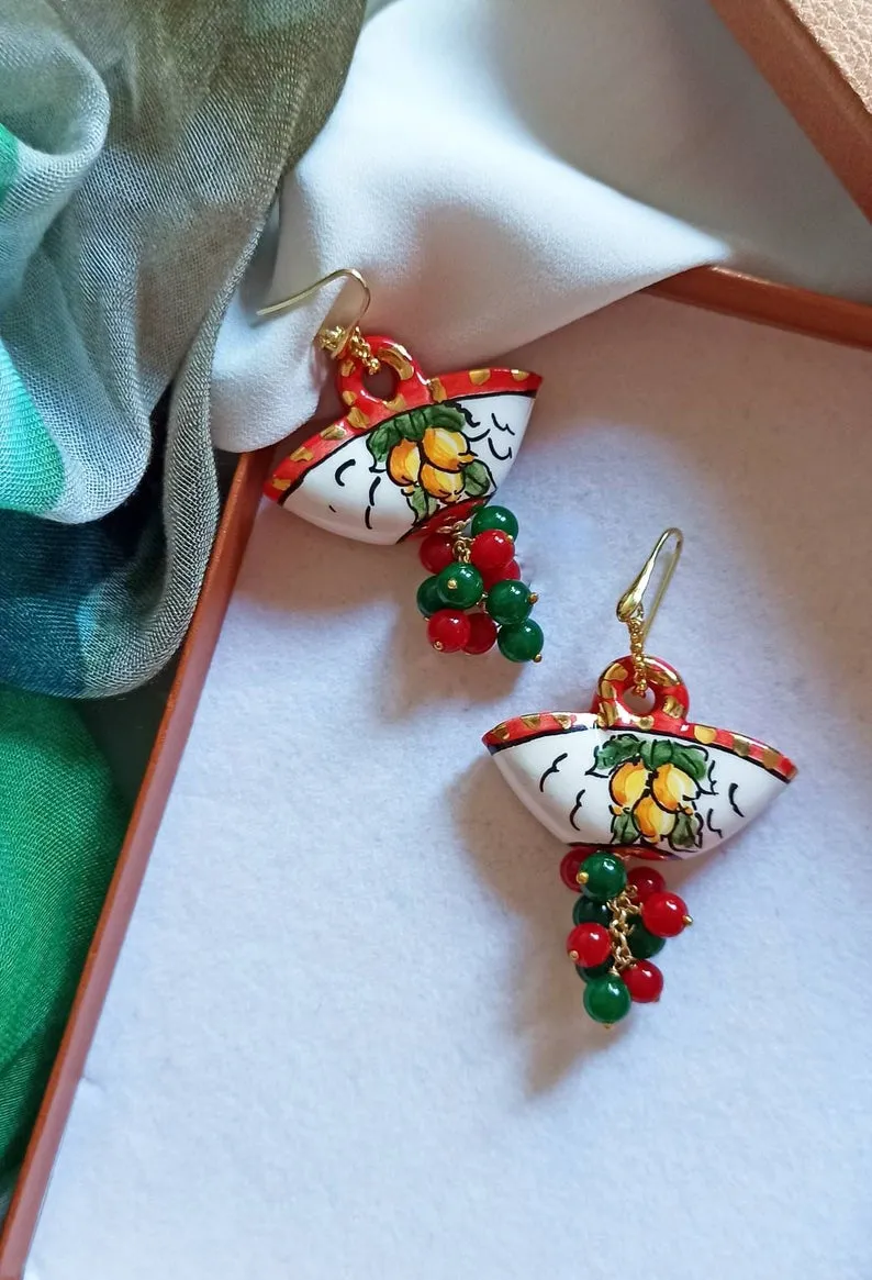 Orecchini Siciliani in Argento 925 con Coffe in Ceramica di Caltagirone