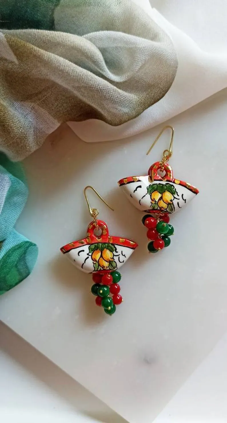 Orecchini Siciliani in Argento 925 con Coffe in Ceramica di Caltagirone