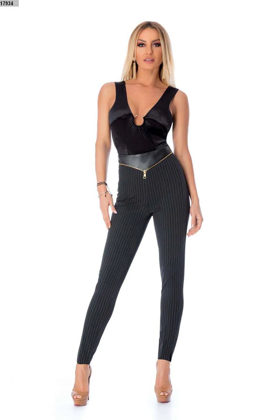 Pantaloni aderenti gessati a vita alta