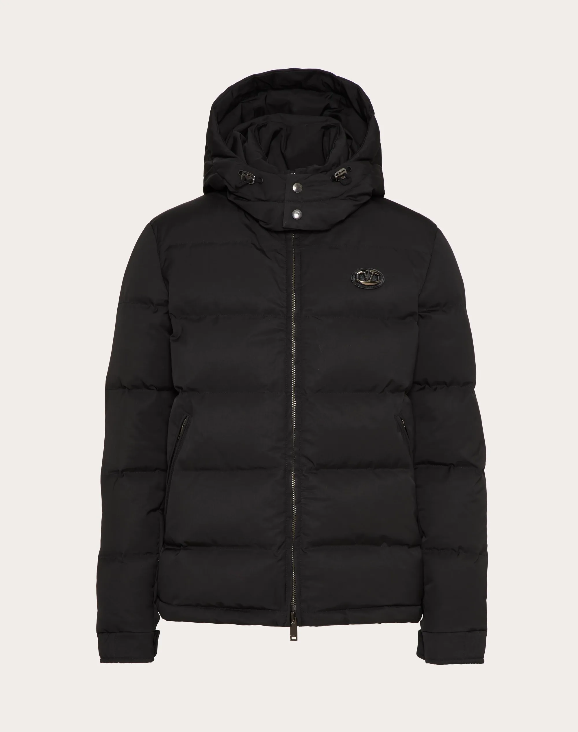 PIUMINO CON CAPPUCCIO IN NYLON CON PATCH IN PELLE E VLOGO SIGNATURE