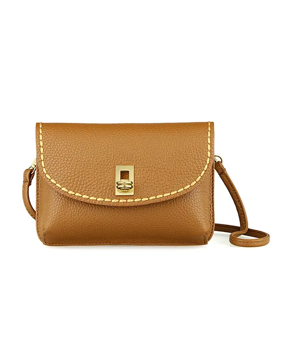 Pochette color cuoio in pelle con chiusura a girello e tracolla removibile