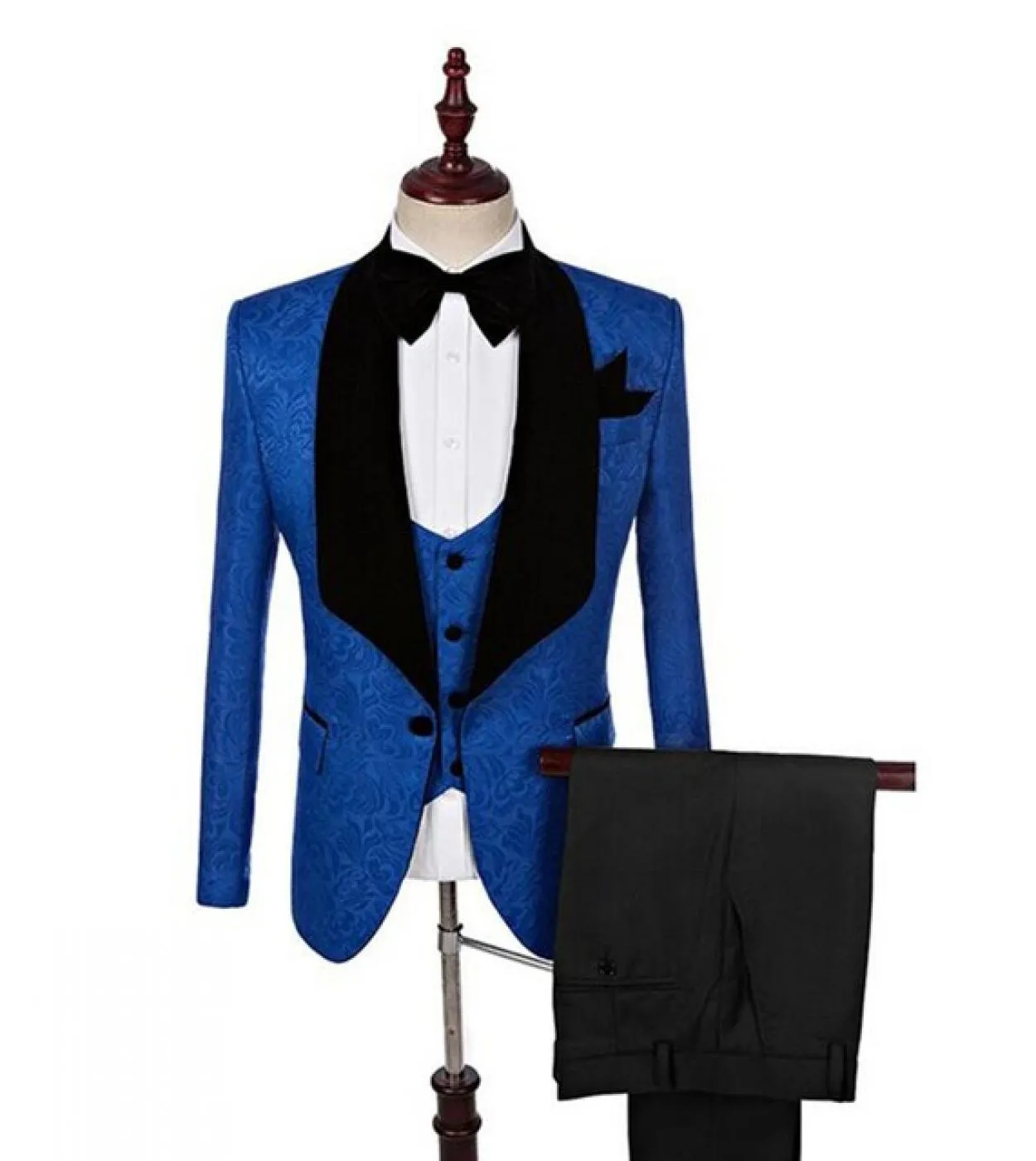 Raso Jacquard Velluto Nero Scialle Risvolto Slim Fit Costume Moda Maschile Giacca Gilet Con Pantaloni Costume Homme