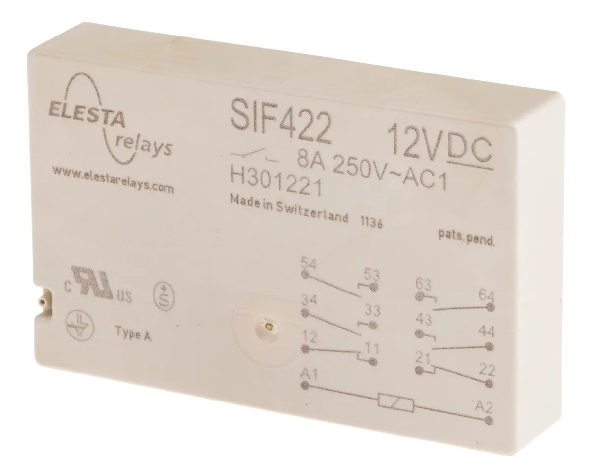 Relè contatti guidati Elesta SIF 6, 12V cc, 4PST, DPST, 8A, Montaggio su circuito stampato